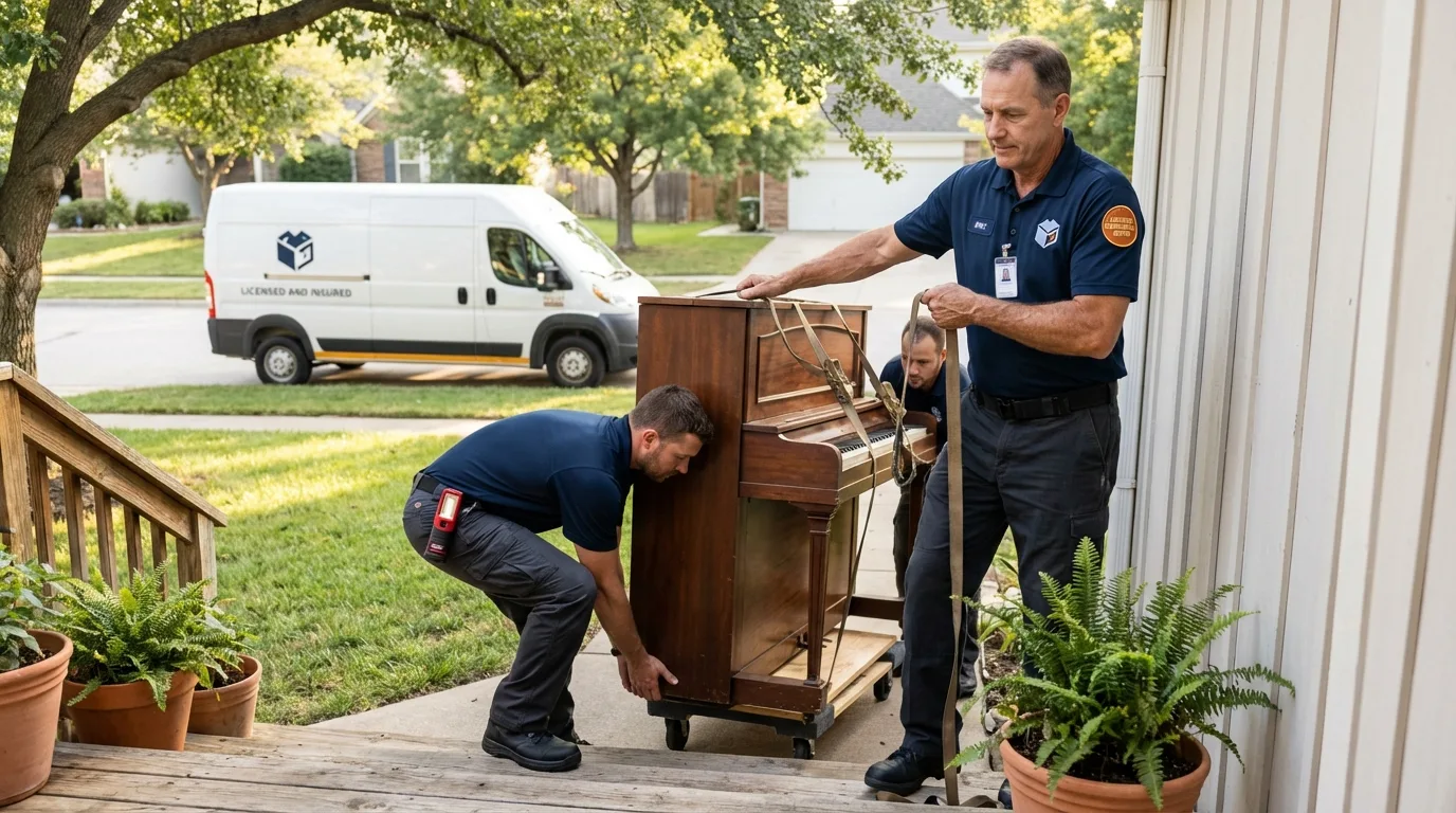 Licensed piano movers securing grand piano in Oakland, NJ