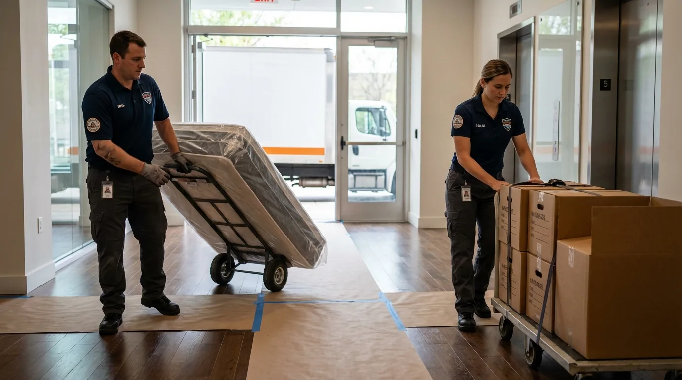 Professional apartment movers loading elevator in Oakland, NJ