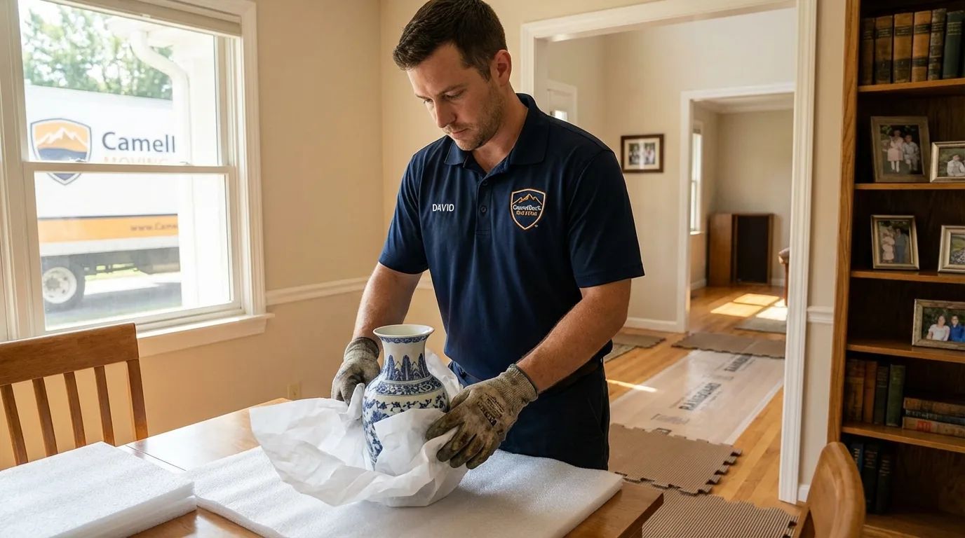 Professional crew carefully wrapping antique vase for senior downsizing move in Oakland, NJ