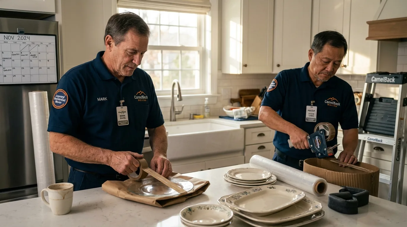 Professional crew packing kitchen dishware in Oakland, NJ